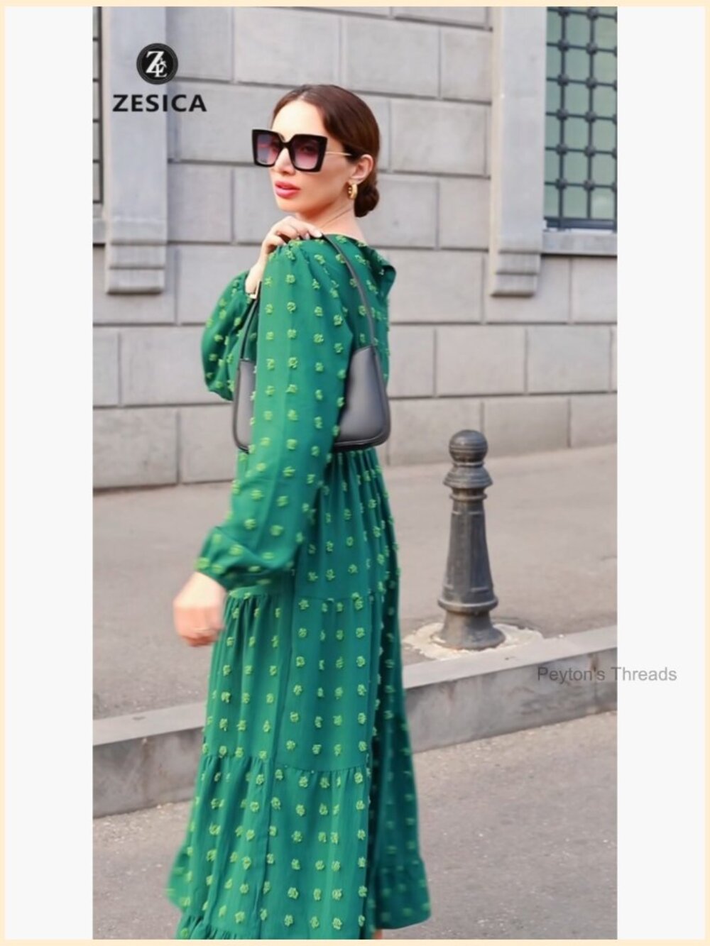 Long Sleeve Swiss Dot Maxi Dress Flowy A-Line Tiered Wedding Guest - Picture 7 of 7
